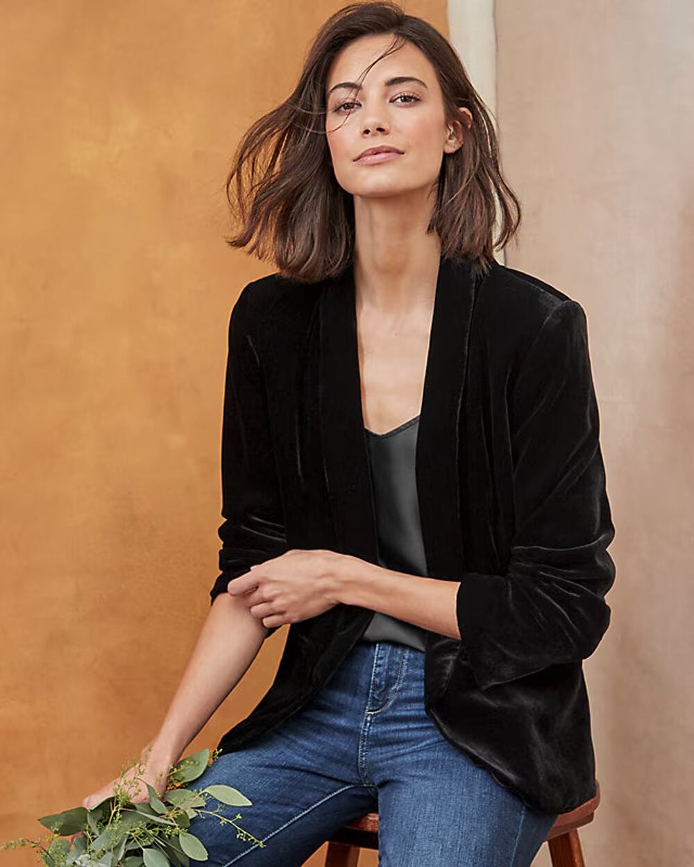 Garnet Hill Velvet Silk Blend Blazer Black Front Pockets US 14